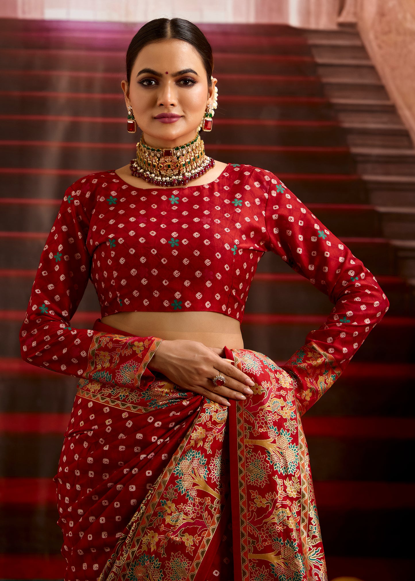 Red Wealvet Tusser Silk fabric with Attractive Kalamkari Hand Painted and Foil Touch with Exclusive Bandhej Print & Grounded Tussels.