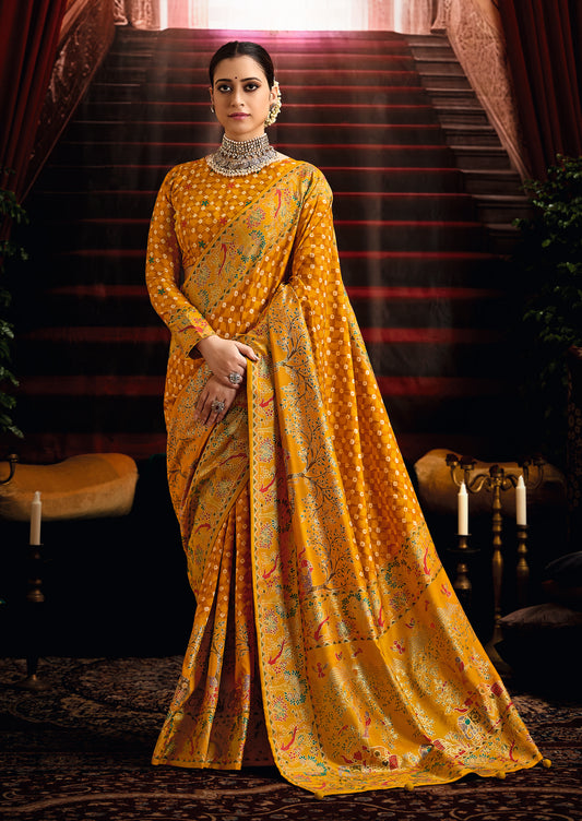 Mustard Yellow Wealvet Tusser Silk fabric with Attractive Kalamkari Hand Painted and Foil Touch with Exclusive Bandhej Print & Grounded Tussels.