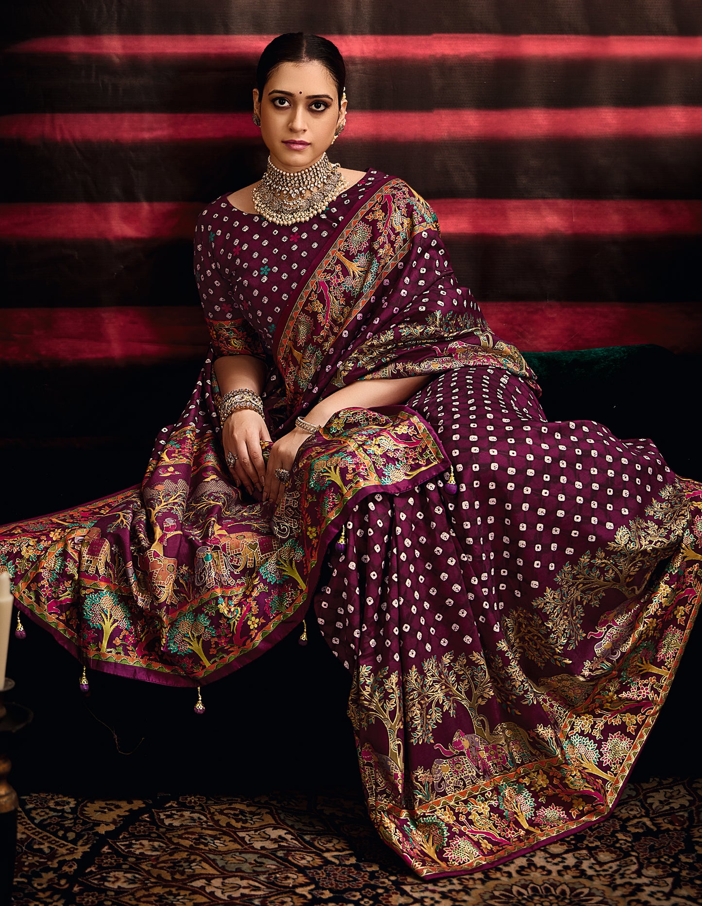 Falsa Purple Wealvet Tusser Silk fabric with Attractive Kalamkari Hand Painted and Foil Touch with Exclusive Bandhej Print & Grounded Tussels.