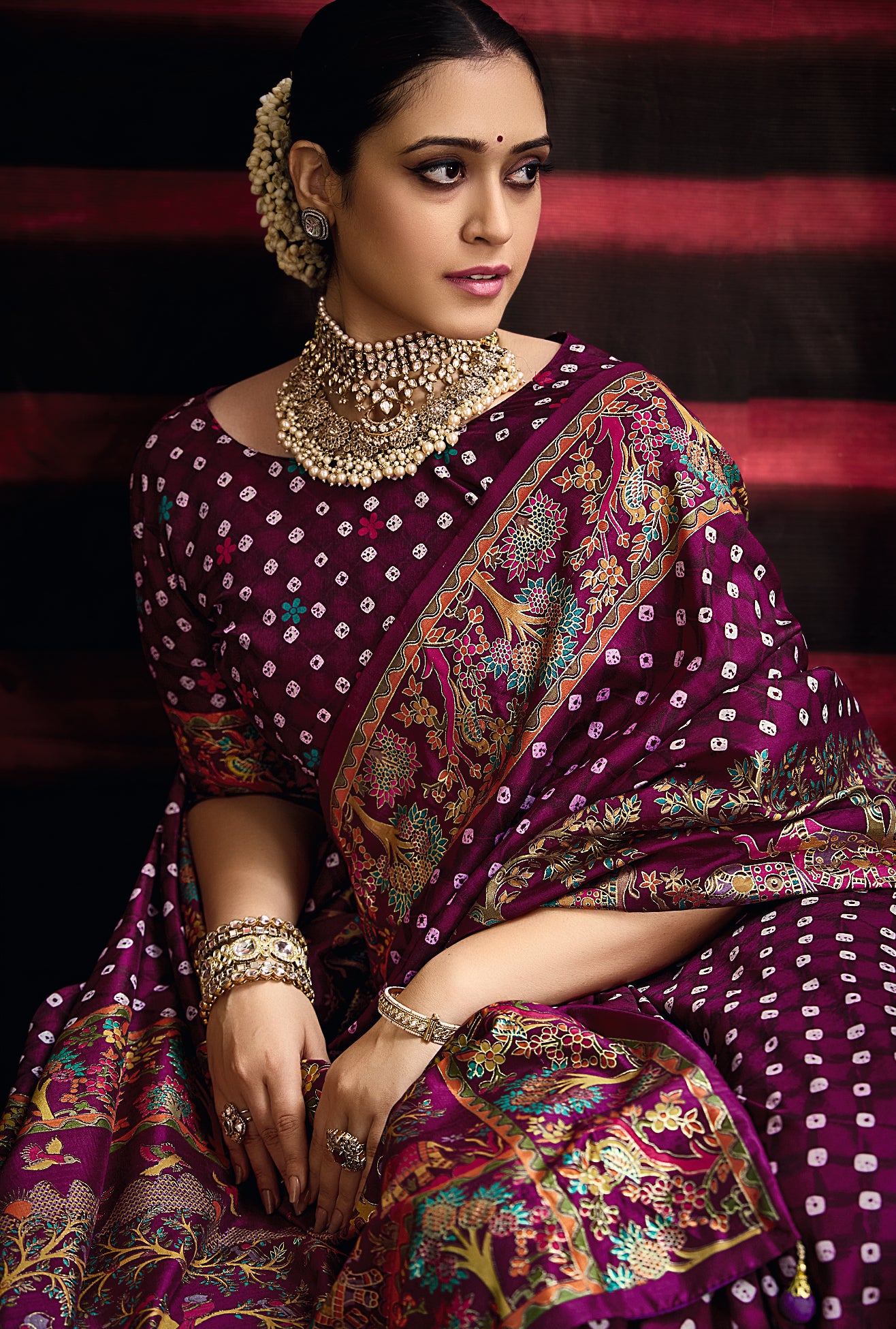 Falsa Purple Wealvet Tusser Silk fabric with Attractive Kalamkari Hand Painted and Foil Touch with Exclusive Bandhej Print & Grounded Tussels.