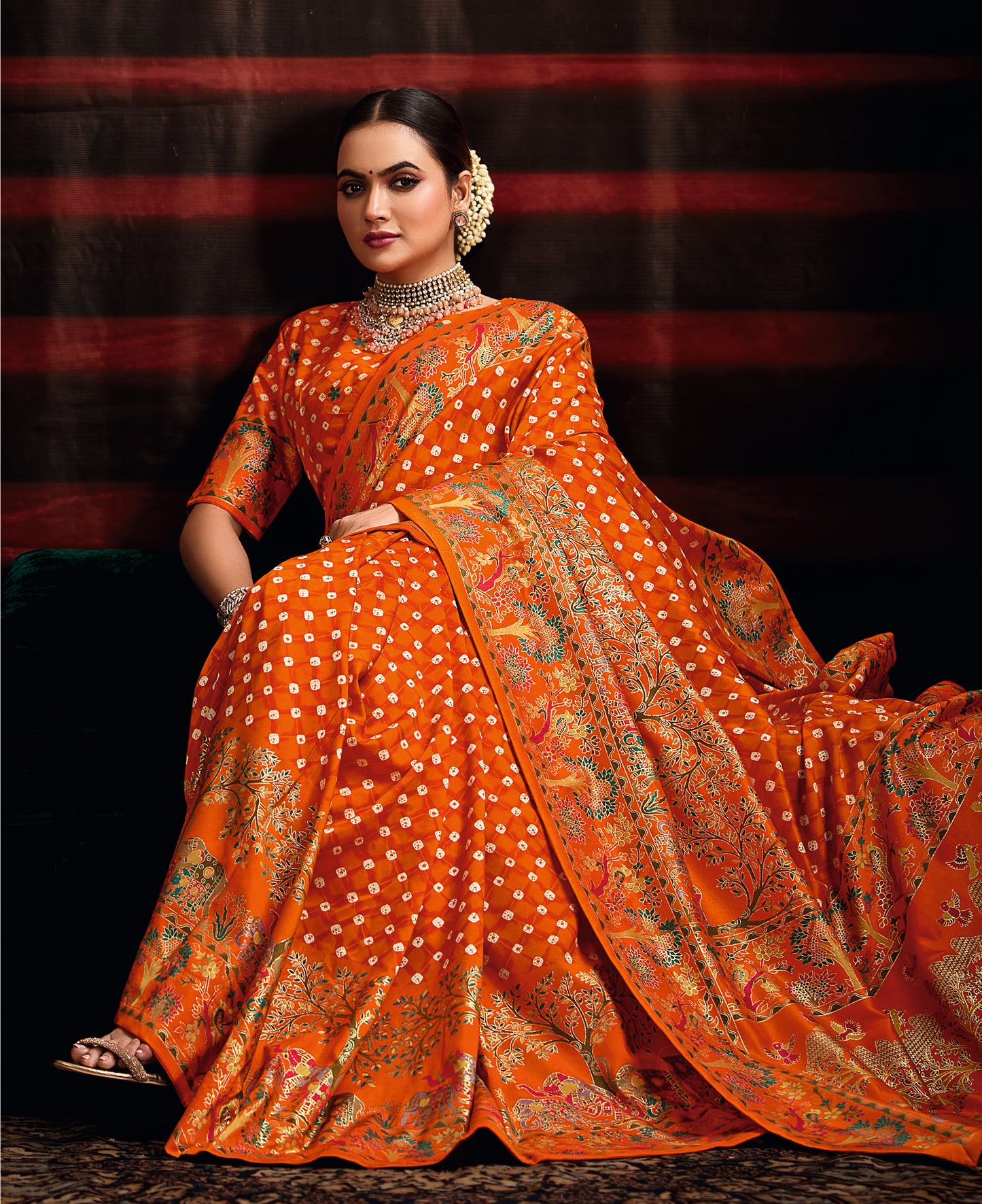 Pumpkin Orange Wealvet Tusser Silk fabric with Attractive Kalamkari Hand Painted and Foil Touch with Exclusive Bandhej Print & Grounded Tussels.