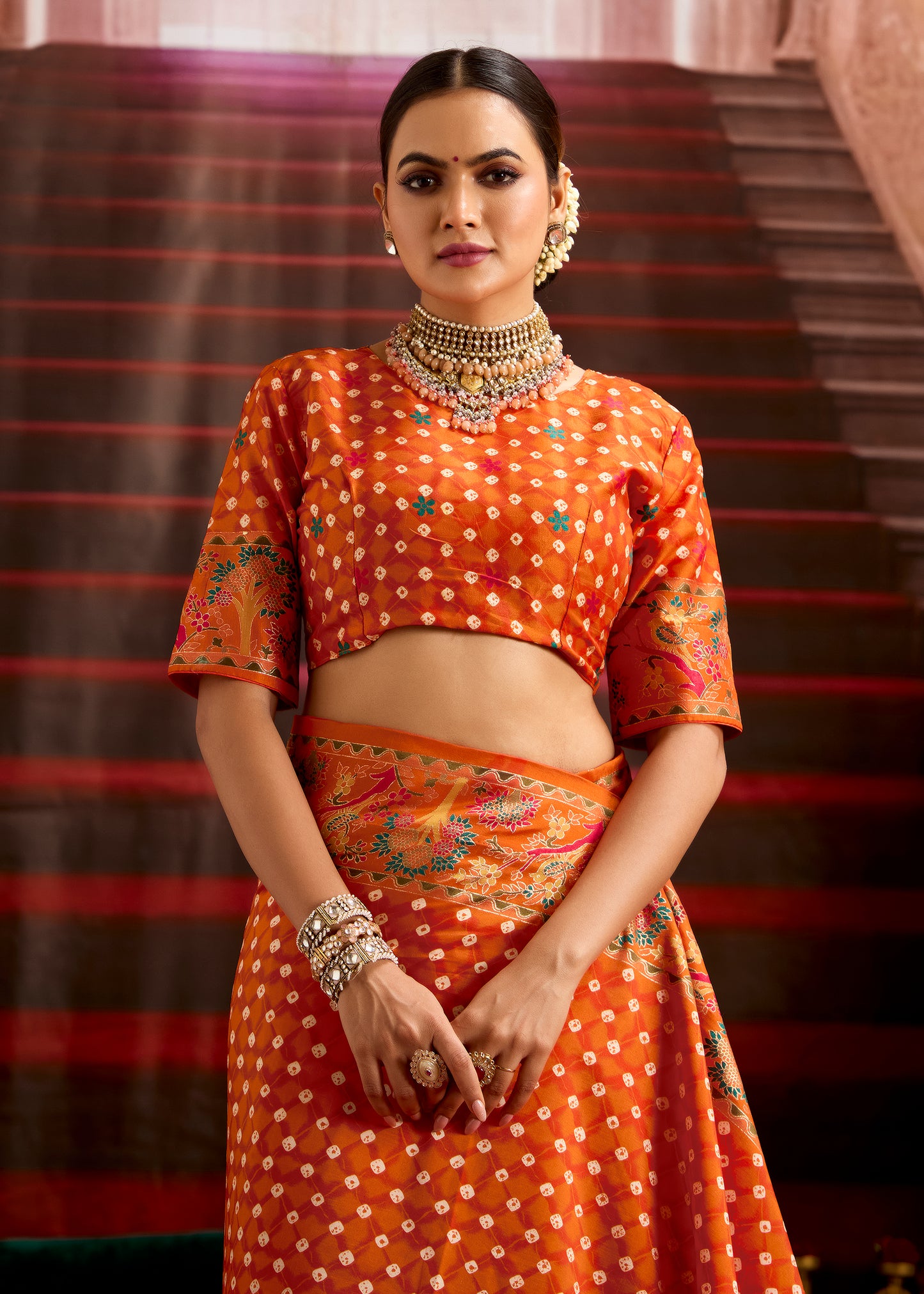 Pumpkin Orange Wealvet Tusser Silk fabric with Attractive Kalamkari Hand Painted and Foil Touch with Exclusive Bandhej Print & Grounded Tussels.