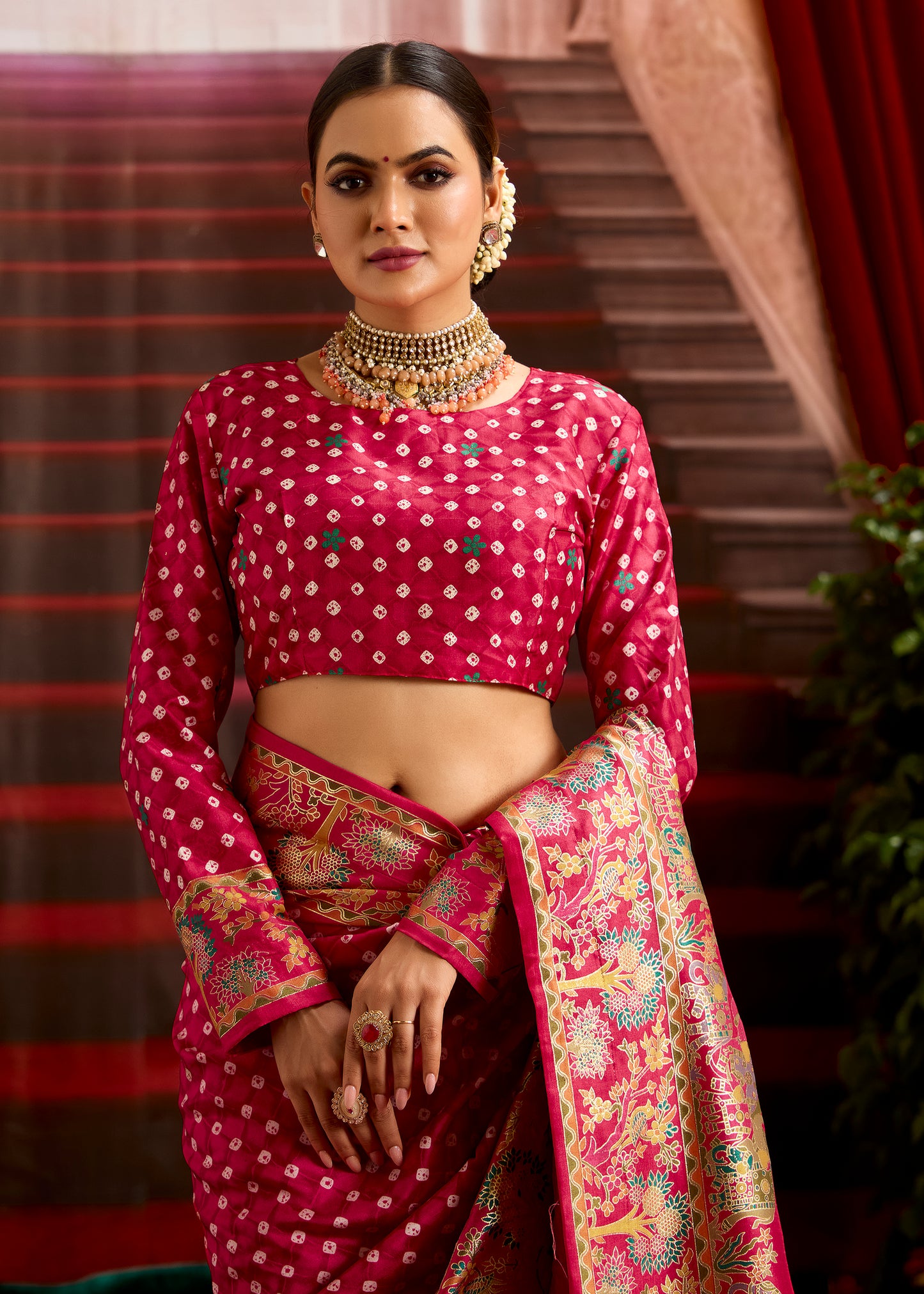 Rani Pink Wealvet Tusser Silk fabric with Attractive Kalamkari Hand Painted and Foil Touch with Exclusive Bandhej Print & Grounded Tussels.