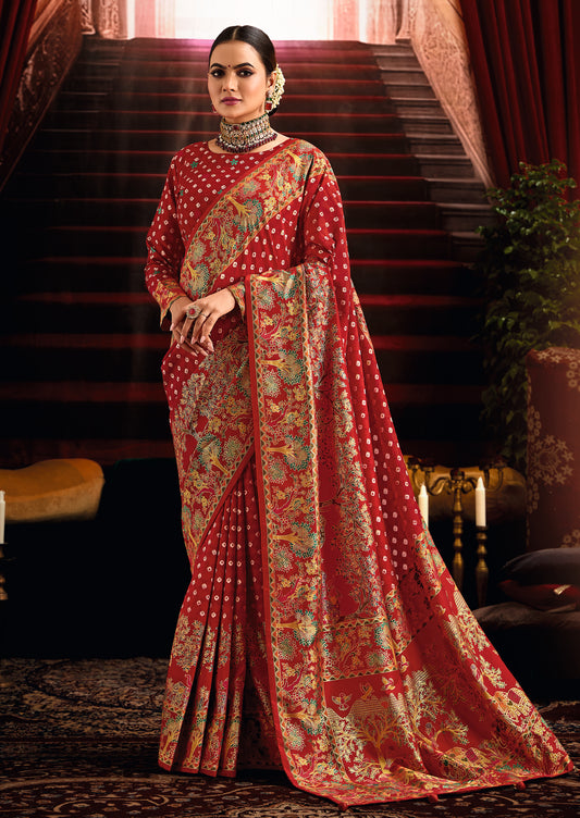 Red Wealvet Tusser Silk fabric with Attractive Kalamkari Hand Painted and Foil Touch with Exclusive Bandhej Print & Grounded Tussels.