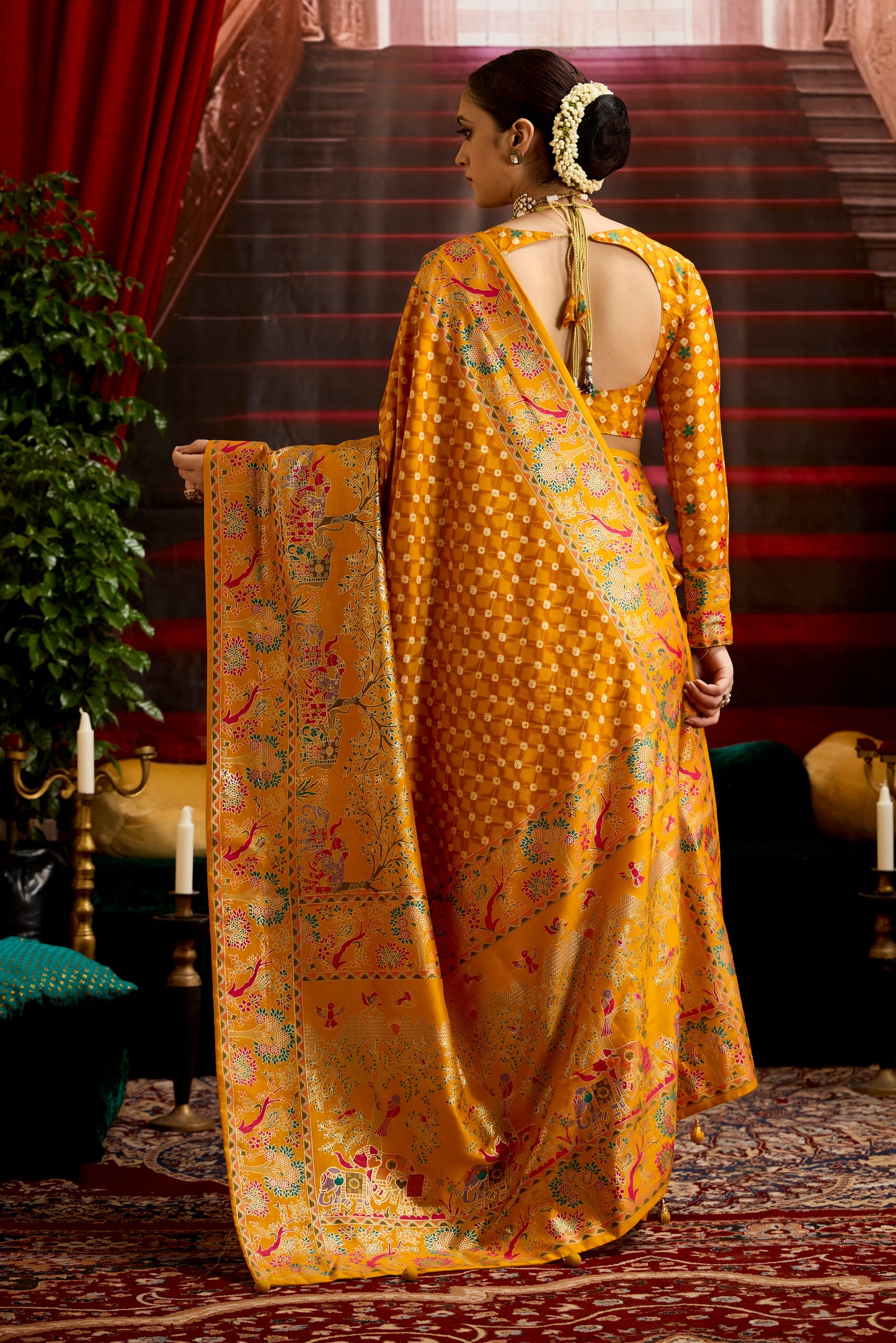 Mustard Yellow Wealvet Tusser Silk fabric with Attractive Kalamkari Hand Painted and Foil Touch with Exclusive Bandhej Print & Grounded Tussels.