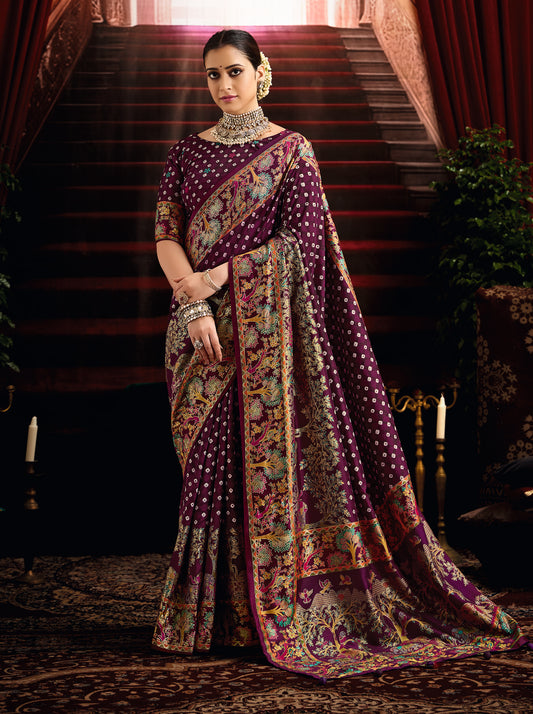 Falsa Purple Wealvet Tusser Silk fabric with Attractive Kalamkari Hand Painted and Foil Touch with Exclusive Bandhej Print & Grounded Tussels.