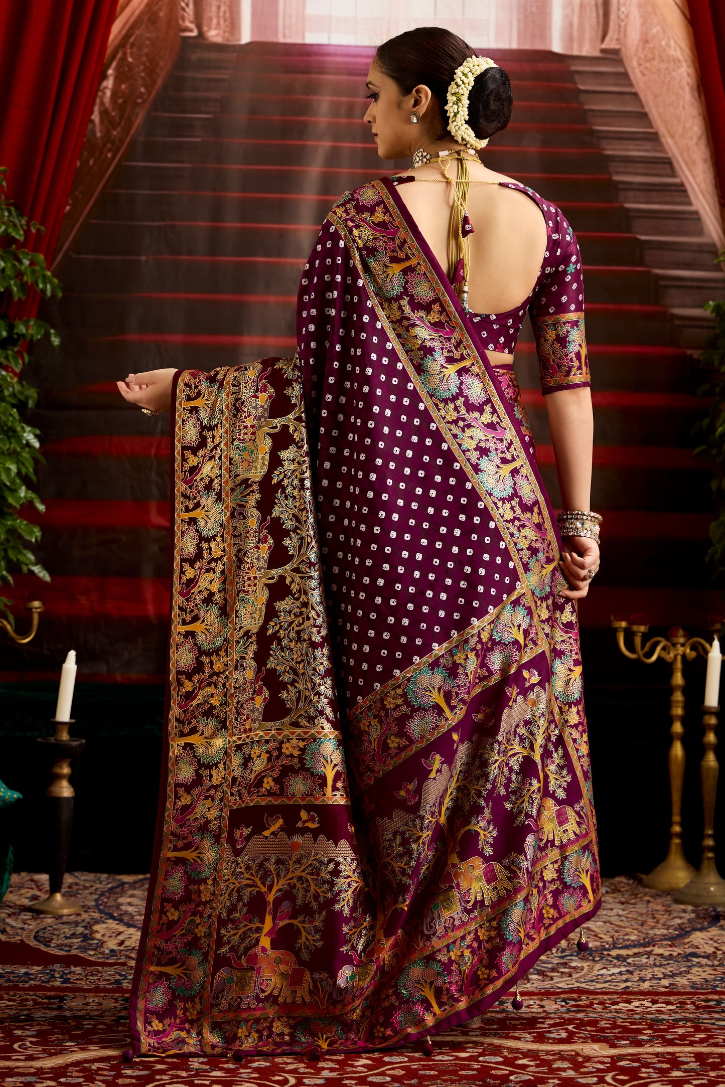 Falsa Purple Wealvet Tusser Silk fabric with Attractive Kalamkari Hand Painted and Foil Touch with Exclusive Bandhej Print & Grounded Tussels.