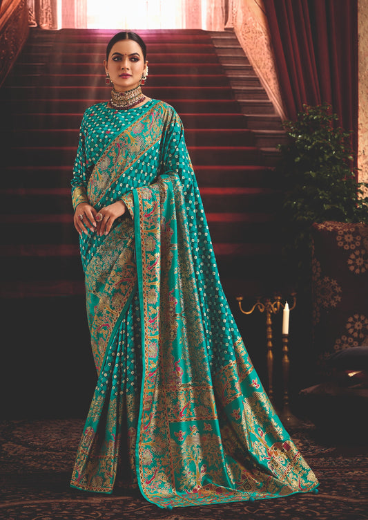 Pacific Blue Wealvet Tusser Silk fabric with Attractive Kalamkari Hand Painted and Foil Touch with Exclusive Bandhej Print & Grounded Tussels.