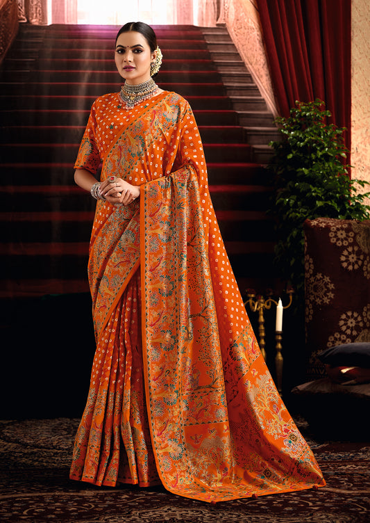 Pumpkin Orange Wealvet Tusser Silk fabric with Attractive Kalamkari Hand Painted and Foil Touch with Exclusive Bandhej Print & Grounded Tussels.