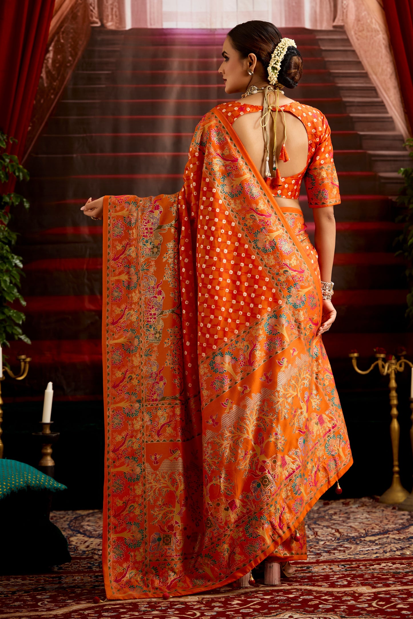 Pumpkin Orange Wealvet Tusser Silk fabric with Attractive Kalamkari Hand Painted and Foil Touch with Exclusive Bandhej Print & Grounded Tussels.