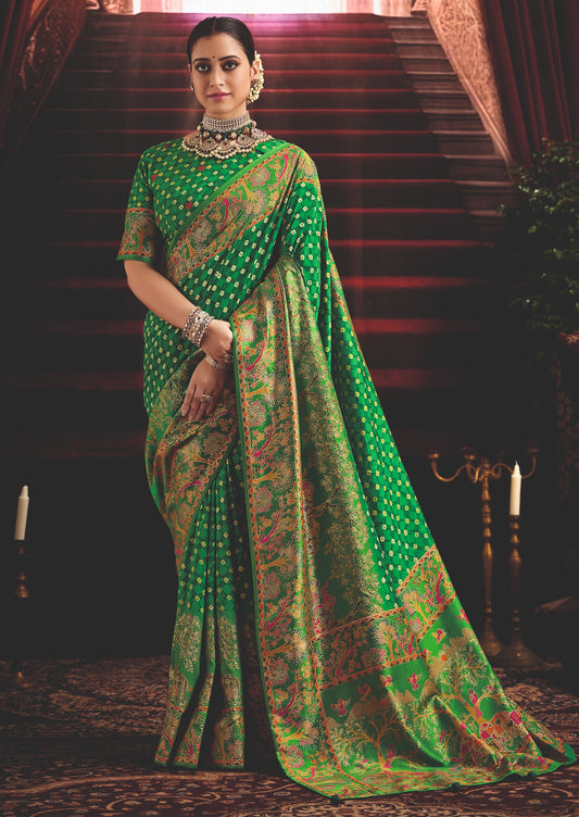 Forest Green Wealvet Tusser Silk fabric with Attractive Kalamkari Hand Painted and Foil Touch with Exclusive Bandhej Print & Grounded Tussels.