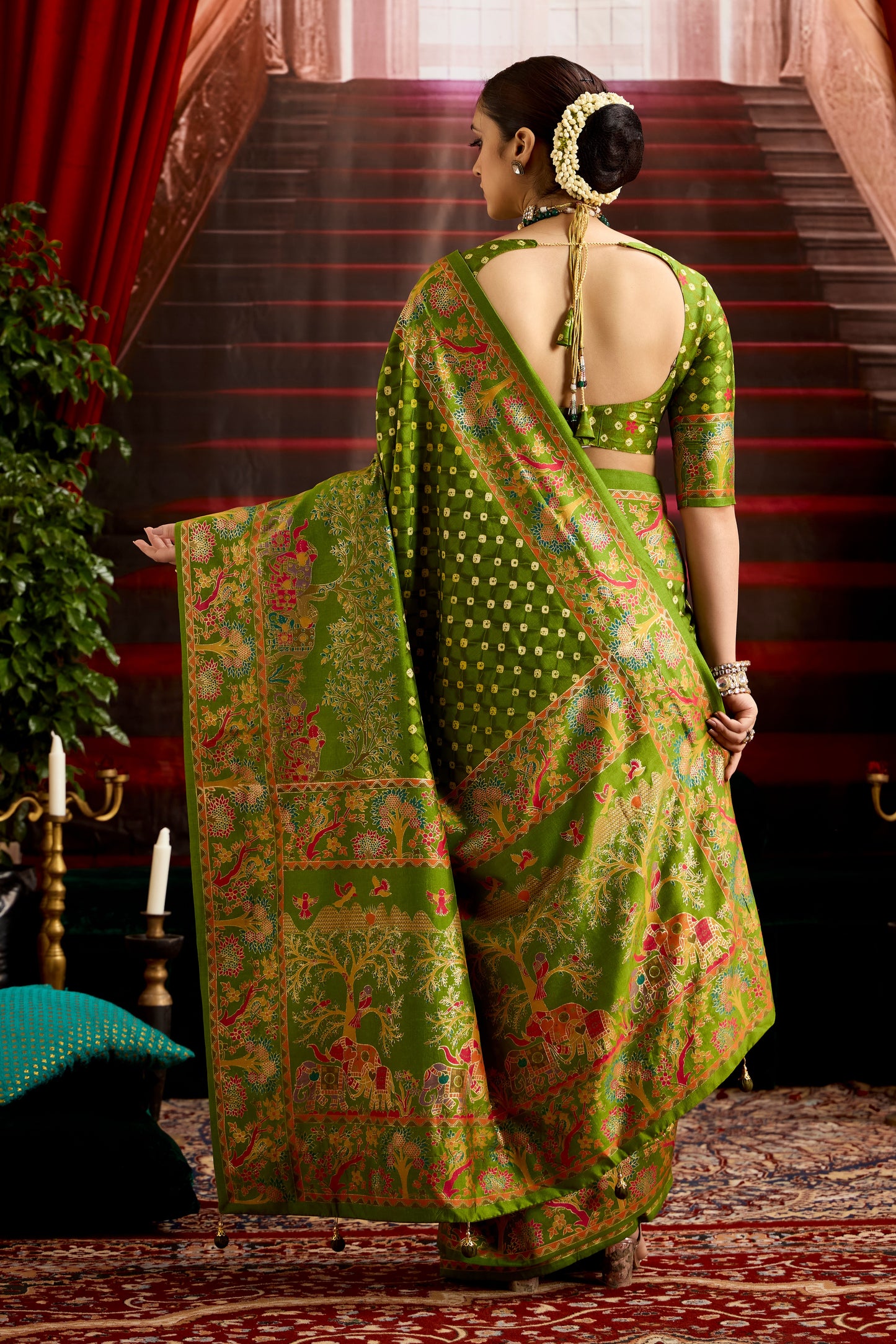 Henna Green Wealvet Tusser Silk fabric with Attractive Kalamkari Hand Painted and Foil Touch with Exclusive Bandhej Print & Grounded Tussels.