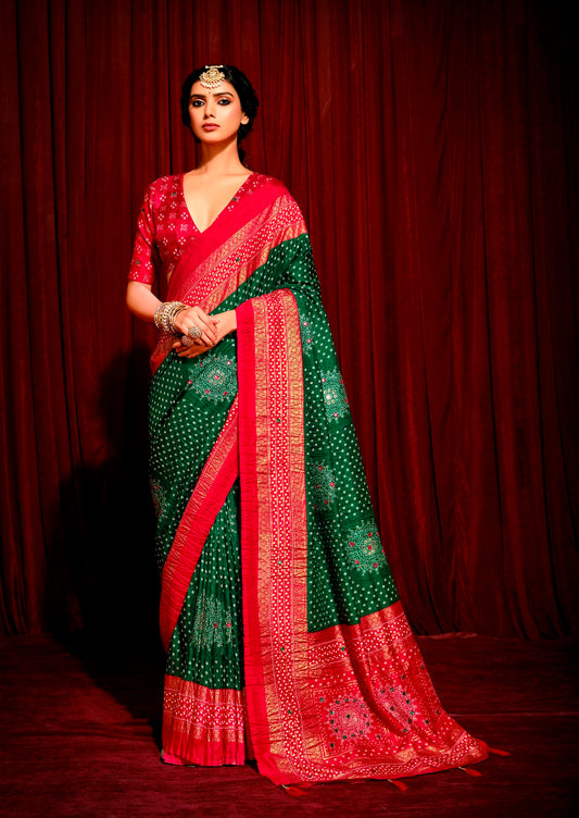 Dark Green and Red Combination Pure Crush Patola Silk Designer Look Saree with Mirror and Zari Work