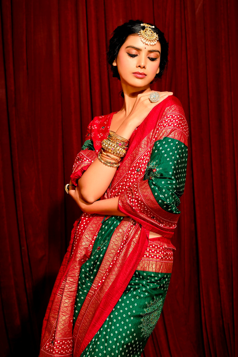 Dark Green and Red Combination Pure Crush Patola Silk Designer Look Saree with Mirror and Zari Work