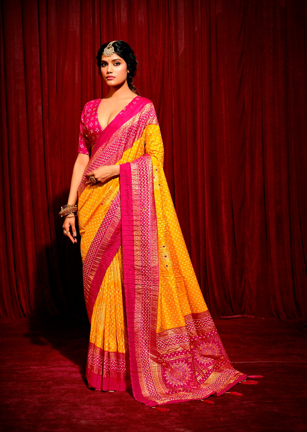 Mustard and Pink Combination Pure Crush Patola Silk Designer Look Saree with Mirror and Zari Work
