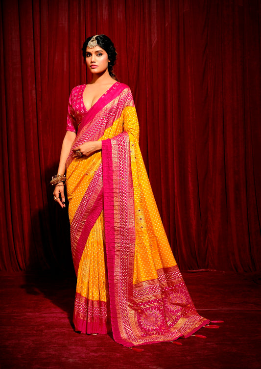 Mustard and Pink Combination Pure Crush Patola Silk Designer Look Saree with Mirror and Zari Work