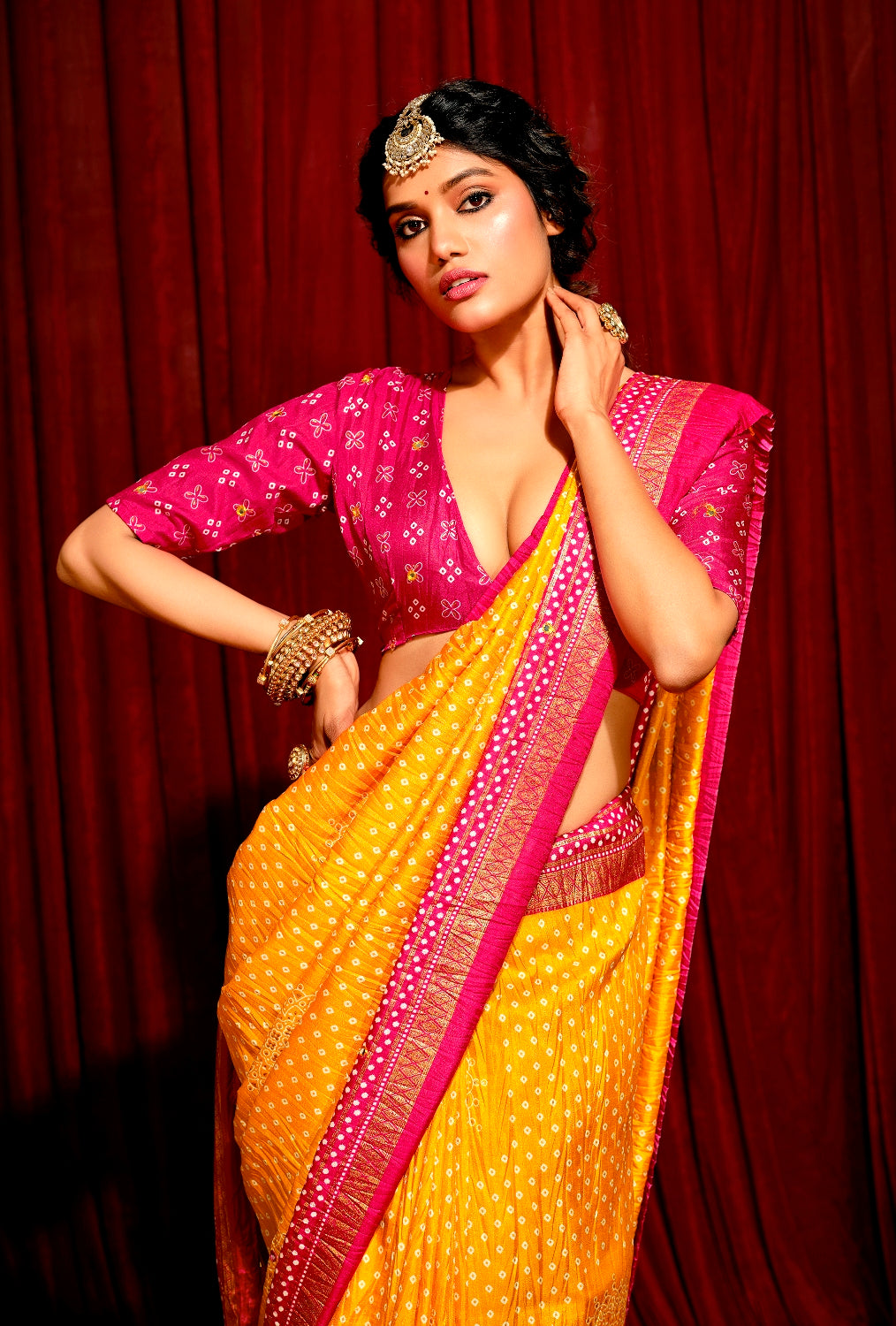 Mustard and Pink Combination Pure Crush Patola Silk Designer Look Saree with Mirror and Zari Work