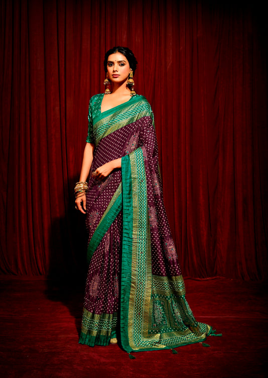 Falsa Blue and Sea Green Combination Pure Crush Patola Silk Designer Look Saree with Mirror and Zari Work