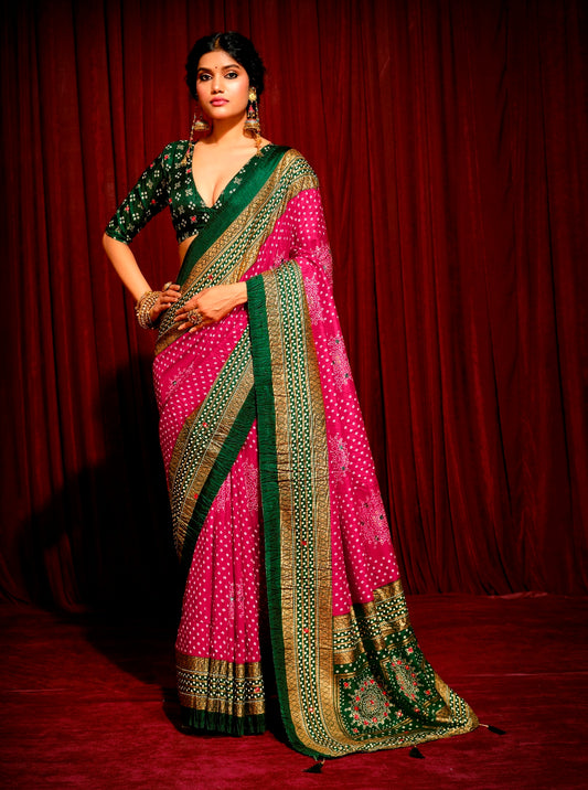 Magenta with Basil Green Combination Pure Crush Patola Silk Designer Look Saree with Mirror and Zari Work