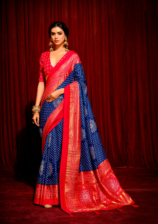 Royal Blue with Red Combination Pure Crush Patola Silk Designer Look Saree with Mirror and Zari Work