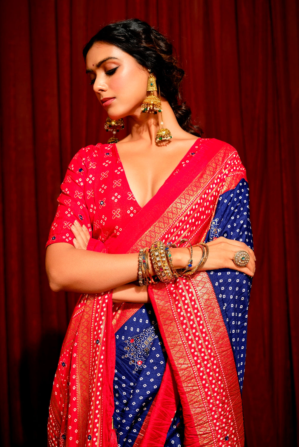 Royal Blue with Red Combination Pure Crush Patola Silk Designer Look Saree with Mirror and Zari Work