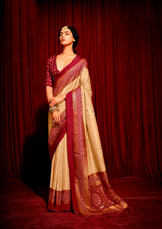 Light Golden with Dark Red Combination Pure Crush Patola Silk Designer Look Saree with Mirror and Zari Work
