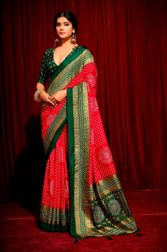 Exclusive Red with Dark Green Combination Pure Crush Patola Silk Designer Look Saree with Mirror and Zari Work