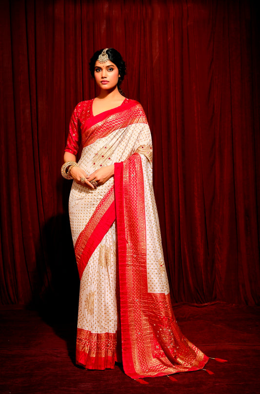 Creamy White with Exclusive Red Combination Pure Crush Patola Silk Designer Look Saree with Mirror and Zari Work