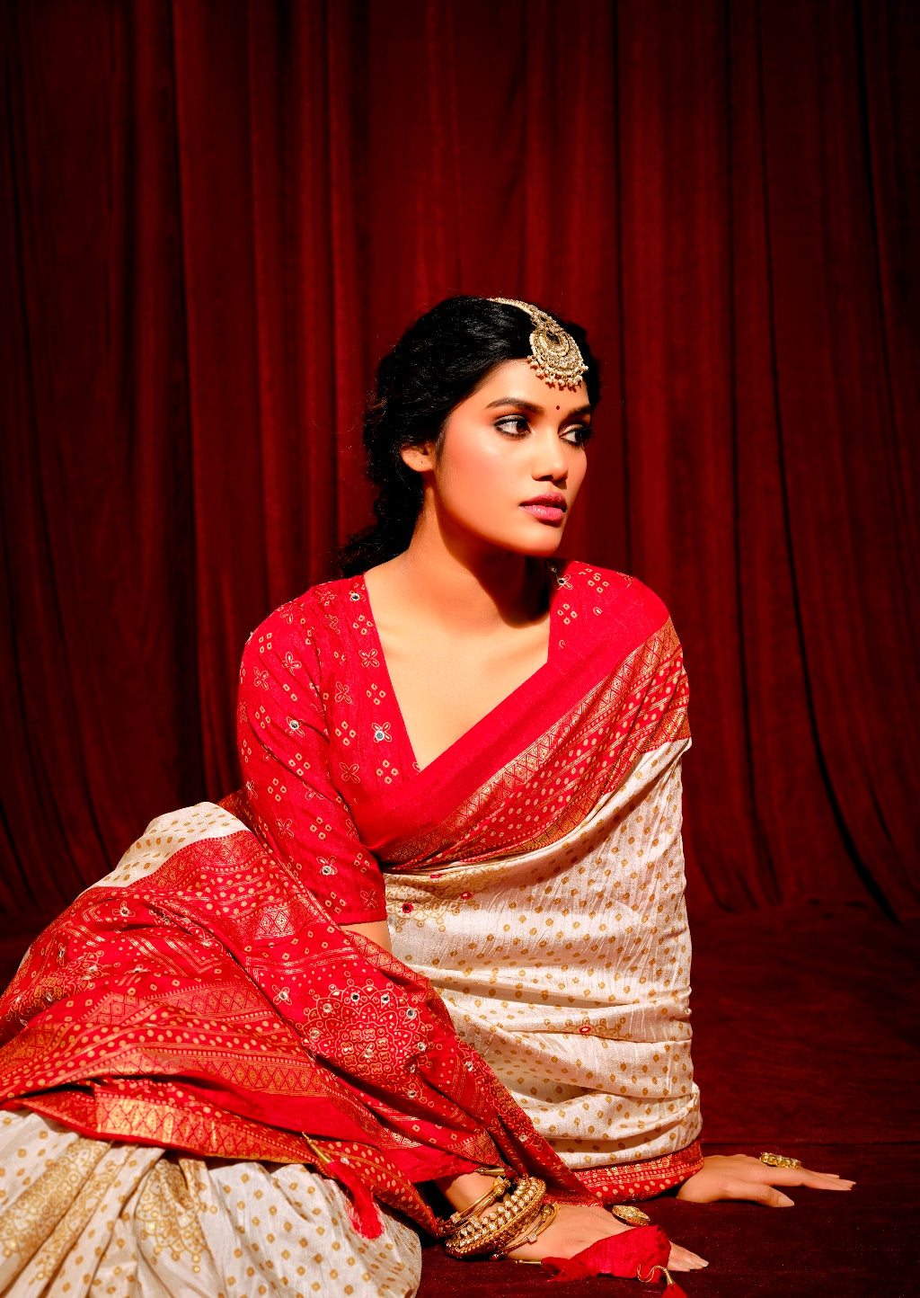 Creamy White with Exclusive Red Combination Pure Crush Patola Silk Designer Look Saree with Mirror and Zari Work