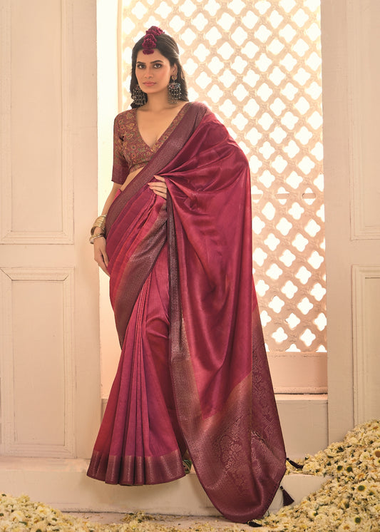 Pure Tusser Silk Fire Brick Red ShadedCombination with Weaving Zari Border Designer Look Saree