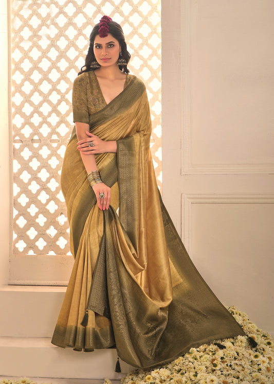 Pure Tusser Silk Sandstone Yellow Shaded Combination with Weaving Zari Border Designer Look Saree