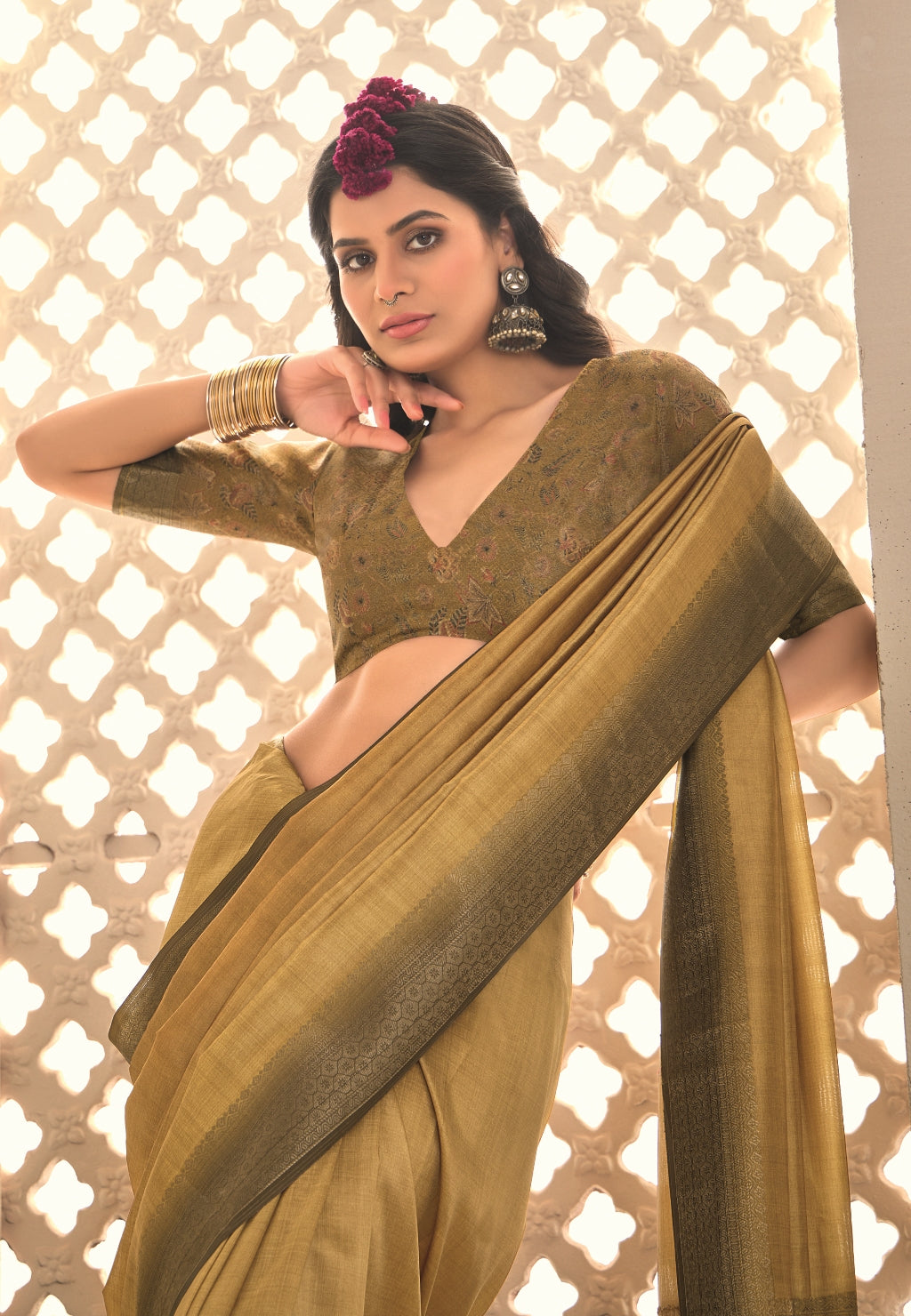 Pure Tusser Silk Sandstone Yellow Shaded Combination with Weaving Zari Border Designer Look Saree