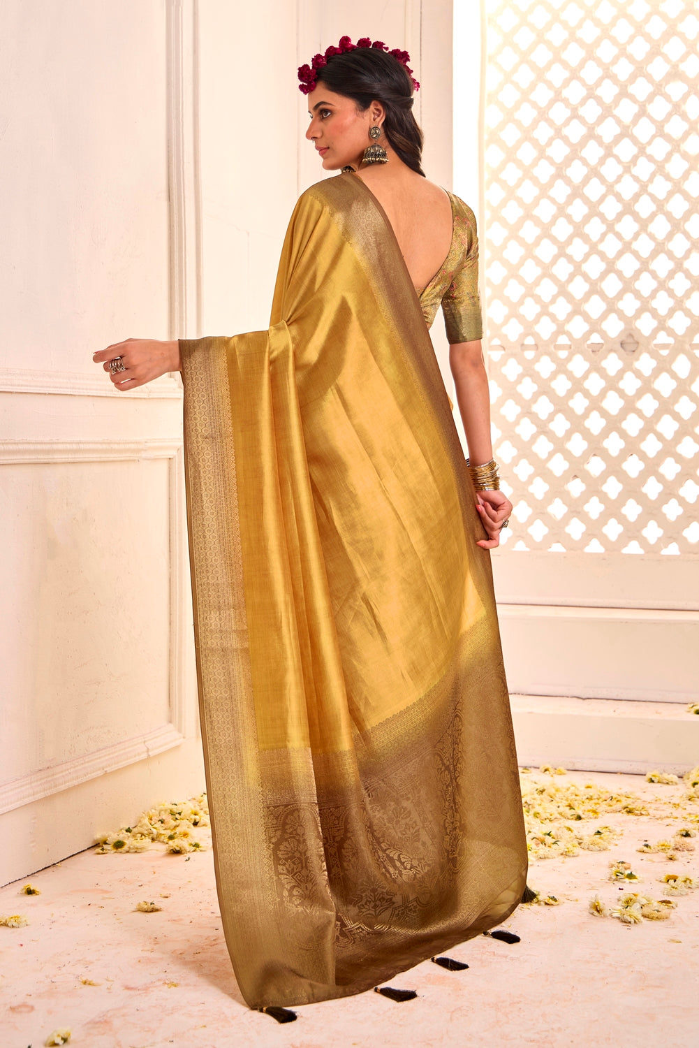 Pure Tusser Silk Sandstone Yellow Shaded Combination with Weaving Zari Border Designer Look Saree