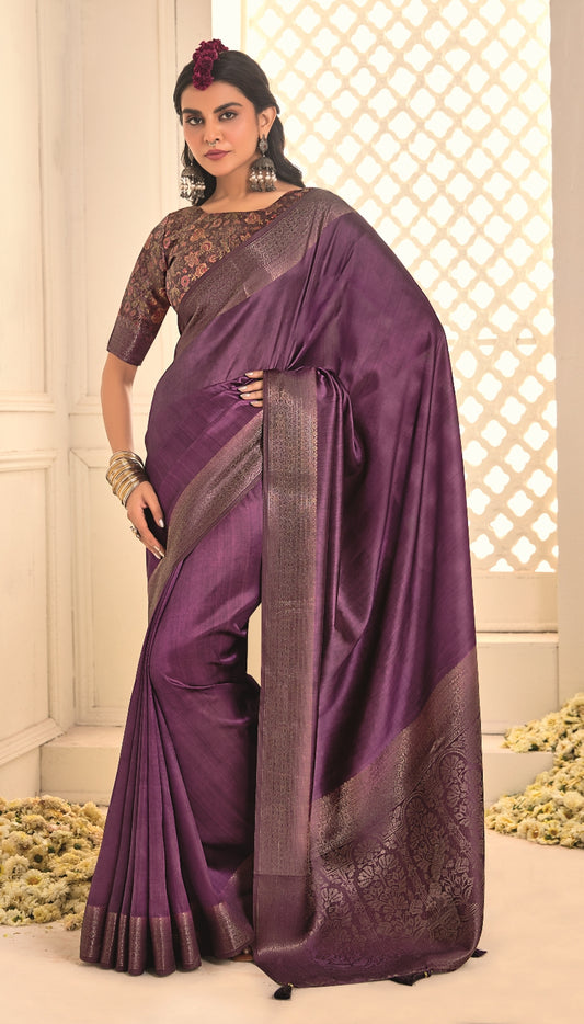 Pure Tusser Silk Indigo Blue Shaded Combination with Weaving Zari Border Designer Look Saree
