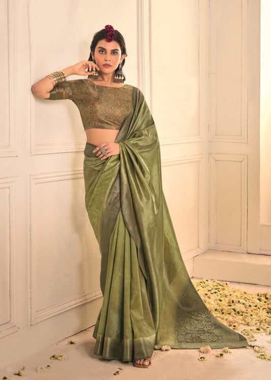 Pure Tusser Silk Dark Olive Green Shaded Combination with Weaving Zari Border Designer Look Saree