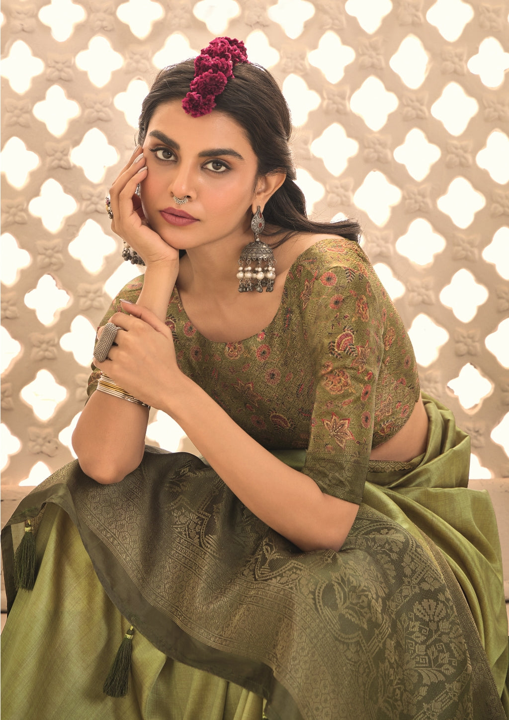Pure Tusser Silk Dark Olive Green Shaded Combination with Weaving Zari Border Designer Look Saree