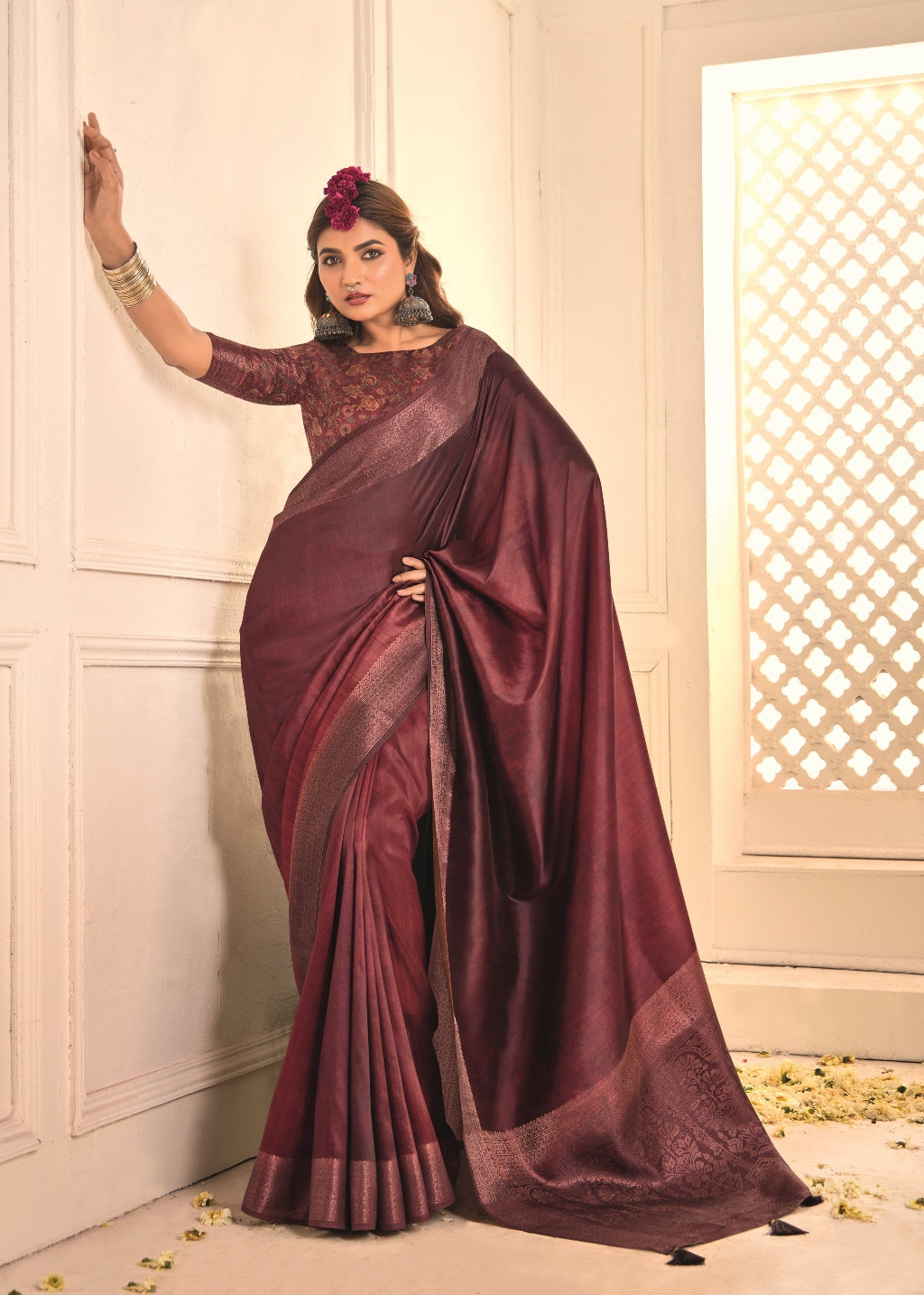 Pure Tusser Silk Dark Fade Magenta Shaded Combination with Weaving Zari Border Designer Look Saree