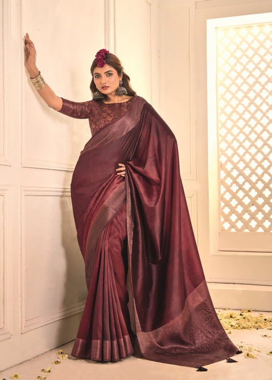 Pure Tusser Silk Dark Fade Magenta Shaded Combination with Weaving Zari Border Designer Look Saree