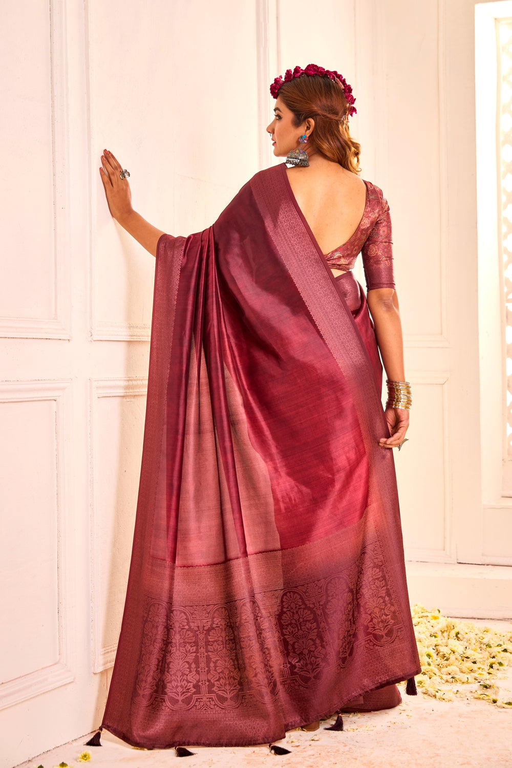 Pure Tusser Silk Dark Fade Magenta Shaded Combination with Weaving Zari Border Designer Look Saree