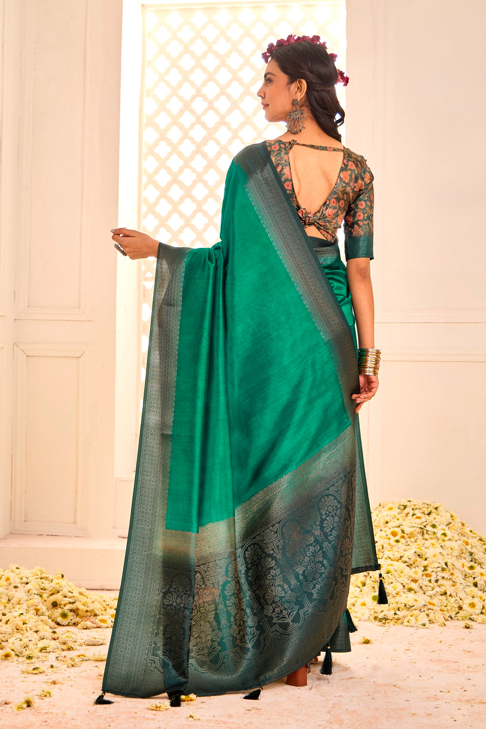 Pure Tusser Silk Mint Green Shaded Combination with Weaving Zari Border Designer Look Saree