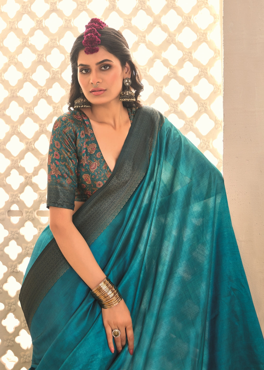 Pure Tusser Silk Dark Sky Shaded Combination with Weaving Zari Border Designer Look Saree