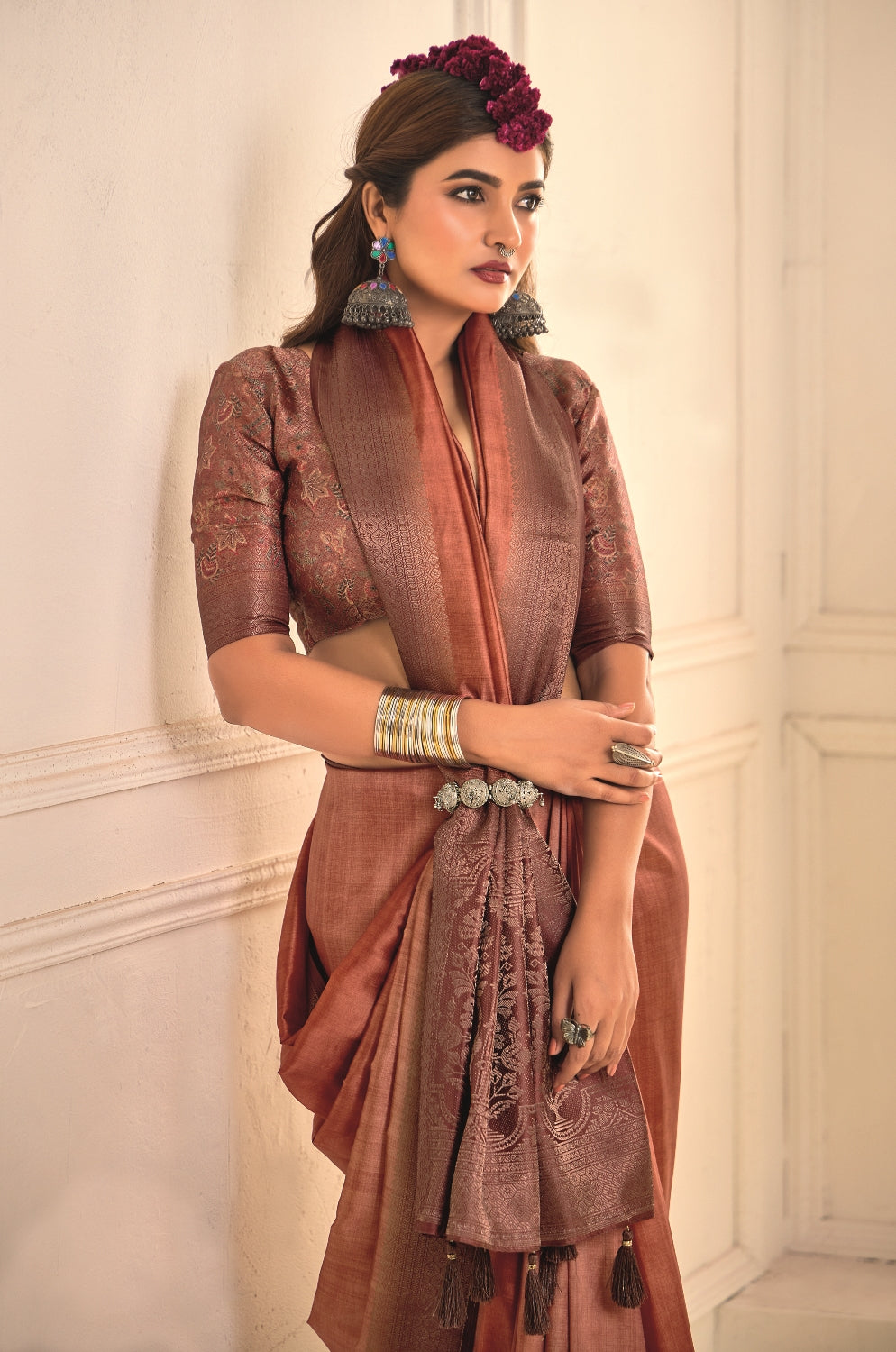 Pure Tusser Silk Bronze Shaded Combination with Weaving Zari Border Designer Look Saree