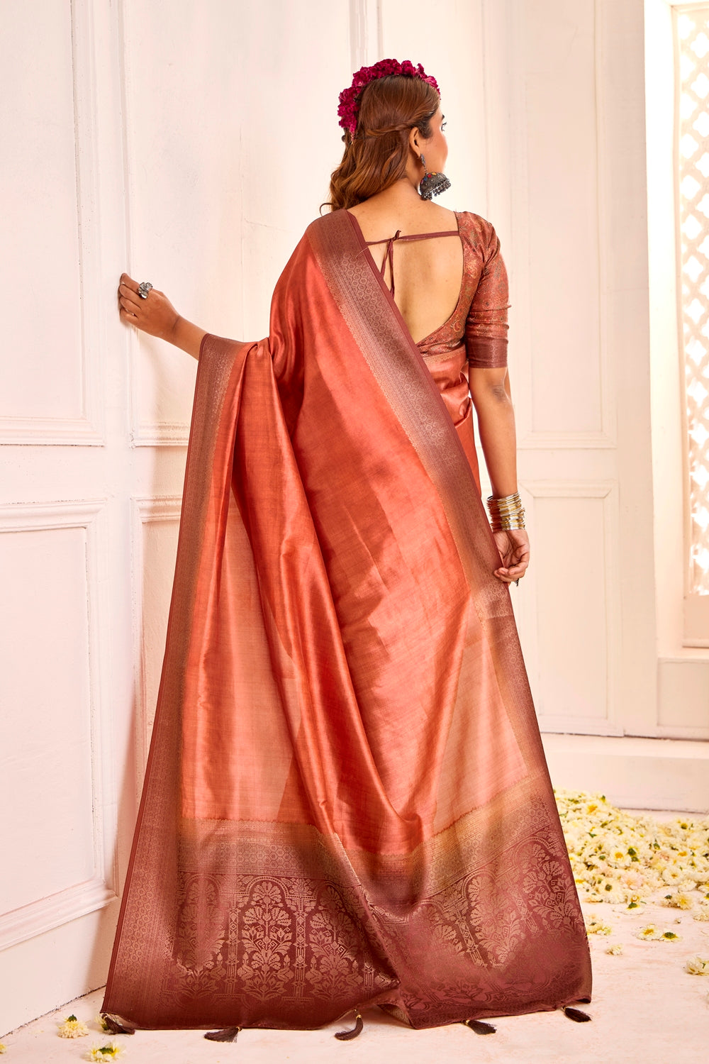 Pure Tusser Silk Bronze Shaded Combination with Weaving Zari Border Designer Look Saree