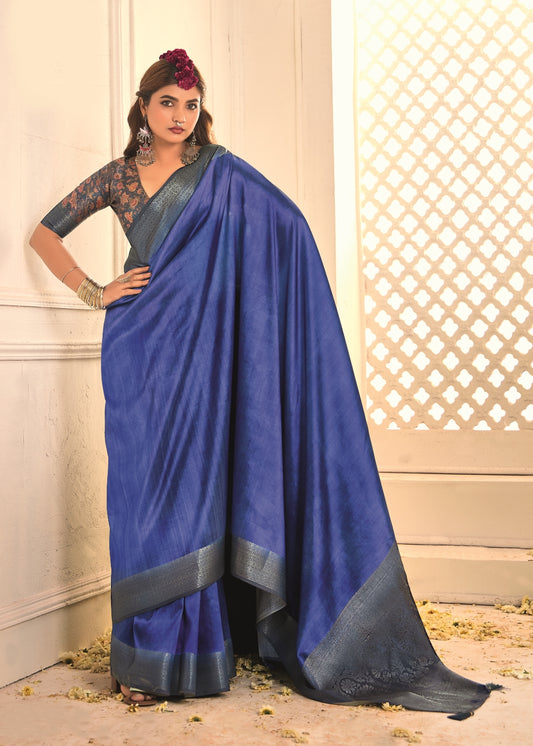 Pure Tusser Silk Royal Blue Shaded Combination with Weaving Zari Border Designer Look Saree