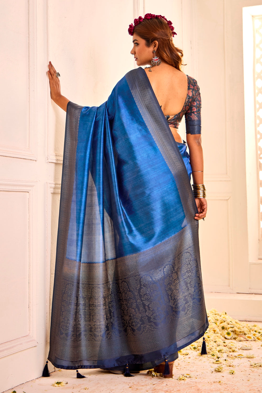 Pure Tusser Silk Royal Blue Shaded Combination with Weaving Zari Border Designer Look Saree