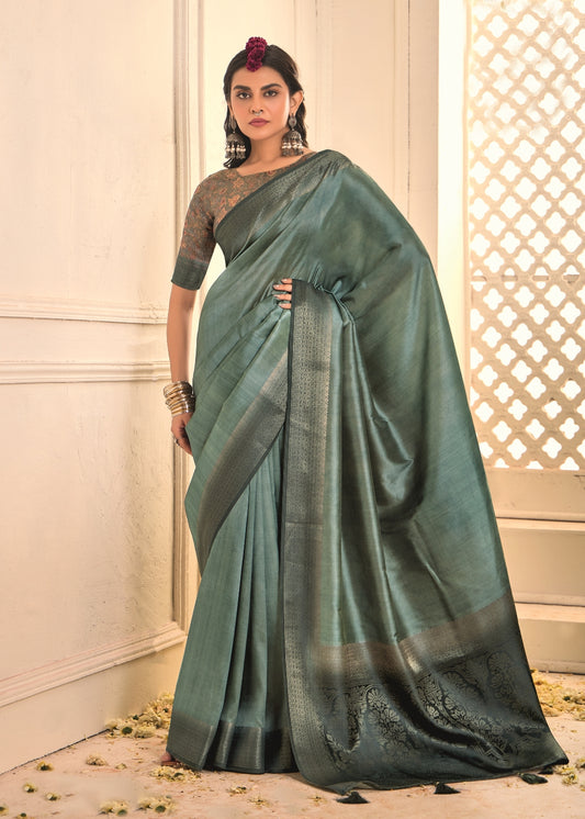 Pure Tusser Silk Metallica Gray Shaded Combination with Weaving Zari Border Designer Look Saree
