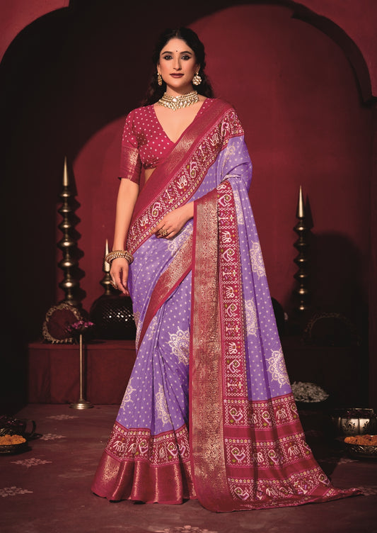 Pure Silk fabric with Slate Blue and Red Dual color Combination of Exclusive Bandhej print with Rich Look Jacquard Border Exclusive Look Saree