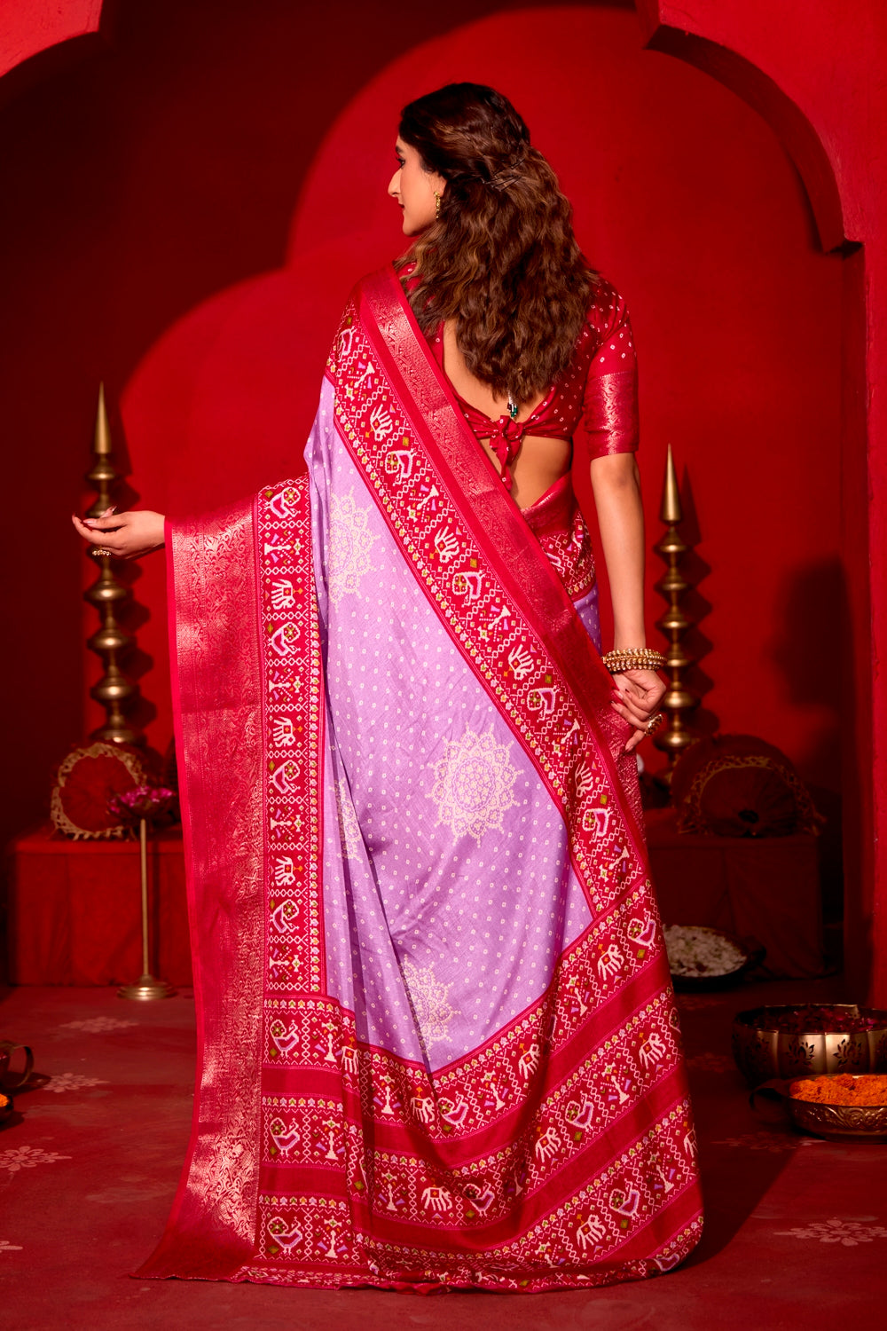 Pure Silk fabric with Slate Blue and Red Dual color Combination of Exclusive Bandhej print with Rich Look Jacquard Border Exclusive Look Saree