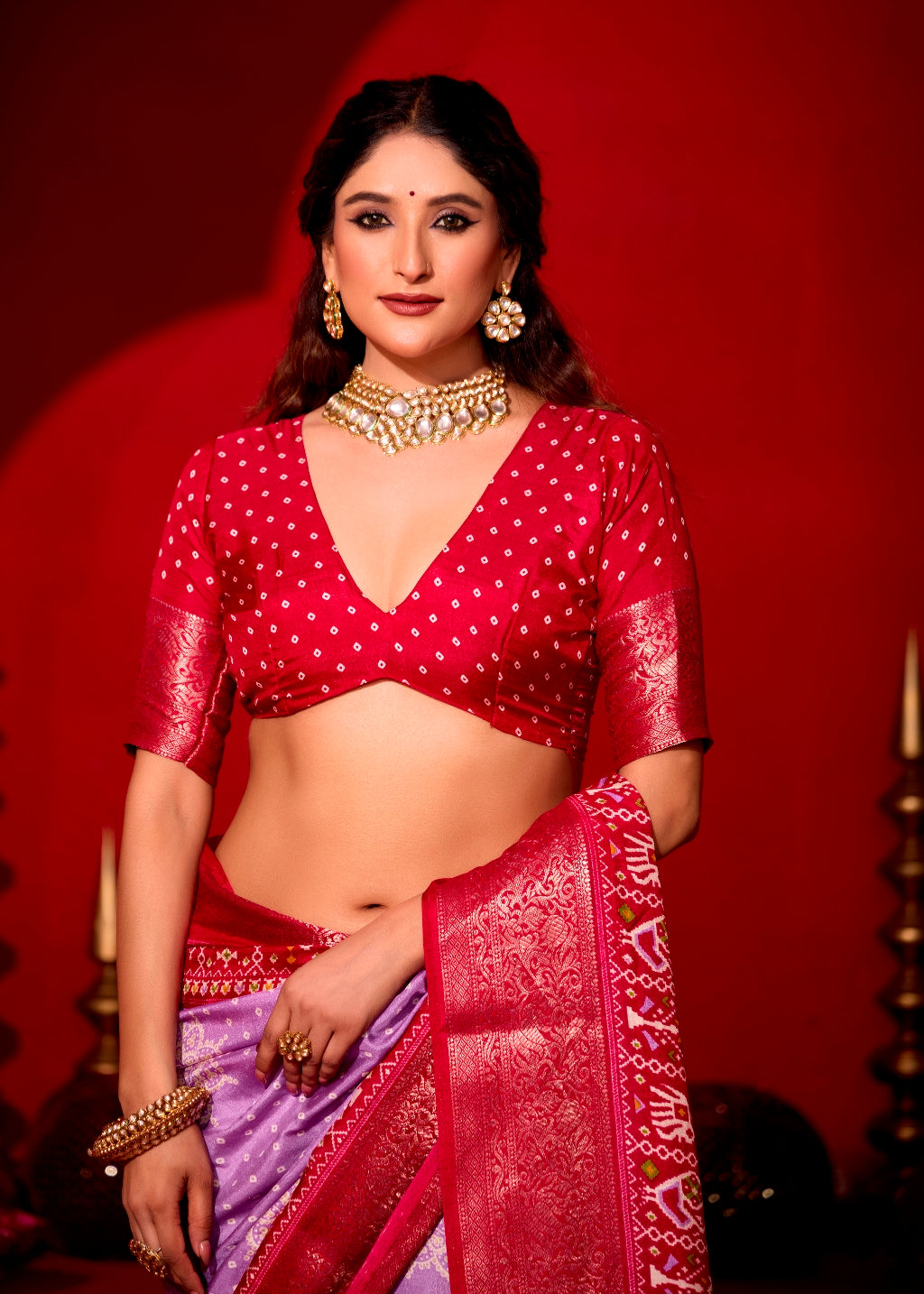 Pure Silk fabric with Slate Blue and Red Dual color Combination of Exclusive Bandhej print with Rich Look Jacquard Border Exclusive Look Saree