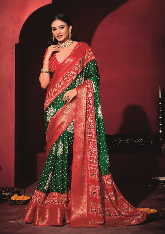 Pure Silk fabric with Dark Green and Red Dual color Combination of Exclusive Bandhej print with Rich Look Jacquard Border Exclusive Look Saree